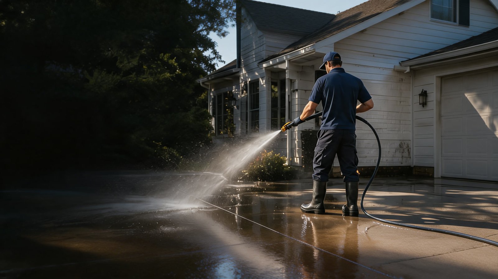 A pressure-washing technician cleaning a residential driveway