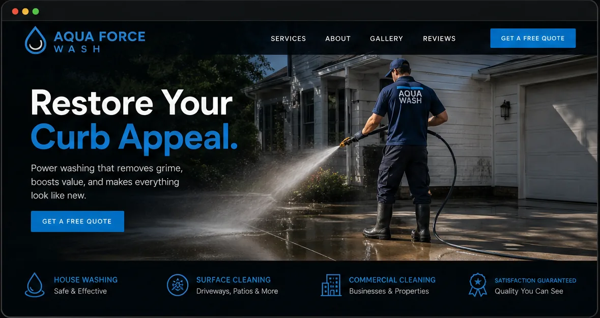 Aqua Force website concept — a technician pressure-washing a driveway