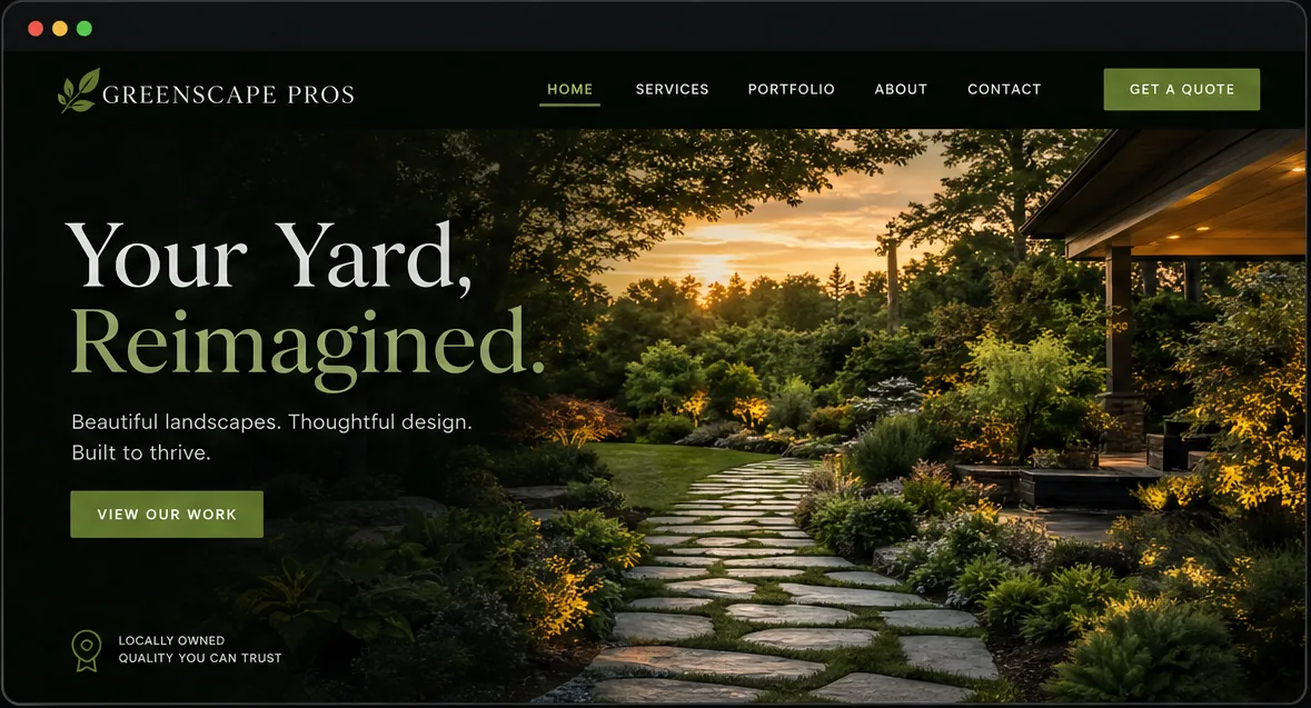 Greenscape Pros website concept — a landscaped garden path at golden hour