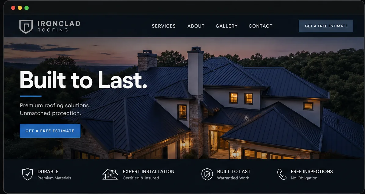 Ironclad Roofing website concept — a residential roofline under clear daylight